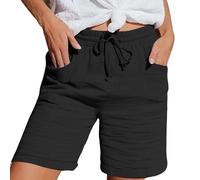 Nuoke Kurze Hosen Damen Musselin Kurze Hose Damen 2025 Sommerhose Leicht Sommer Leinen Shorts Beach Hosen Mit Taschen Stoffhose Kleid Stretch Gerades Bein Kordelzug Leinenhose Bluse Capri Schwarz L