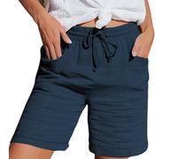 Nuoke Leinenhose Damen Musselin Kurze Hose Damen 2025 Sommerhose Leicht Sommer Leinen Shorts Beach Hosen Mit Taschen Stoffhose Kleid Stretch Gerades Bein Kordelzug Leinenhose Bluse Capri Marine S