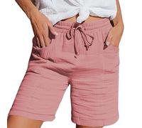 Nuoke Leinenhose Damen Musselin Kurze Hose Damen 2025 Sommerhose Leicht Sommer Leinen Shorts Beach Hosen Mit Taschen Stoffhose Kleid Stretch Gerades Bein Kordelzug Leinenhose Bluse Capri Rosa XL