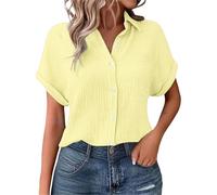 Nuoke Musselin Bluse Damen Shirts Bluse Elegant Tunics Sommer Tshirt Kurzarm Leinen Knopf Bluse Lange Oversized T-Shirt Casual für Leggings