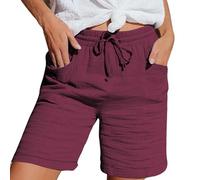 Nuoke Musselin Hose Damen Musselin Kurze Hose Damen 2025 Sommerhose Leicht Sommer Leinen Shorts Beach Hosen Mit Taschen Stoffhose Kleid Stretch Gerades Bein Kordelzug Leinenhose Bluse Capri Wein S