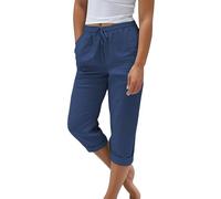 Nuoke Sommerhose Damen, Sommerhose Damen Leicht Sommer Leinen Shorts 2025 Musselin Kurze Hose Beach Hosen Mit Taschen Stoffhose Kleid Stretch Gerades Bein Kordelzug Leinenhose Bluse, Marine M
