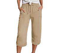 Nuoke Stoffhose Damen Sommer, Musselin Kurze Hose Damen 2025 Sommer Leinen Shorts Beach Hosen Sommerhose Leicht Stoffhose Kleid Leinenhose Bluse, Khaki 5XL