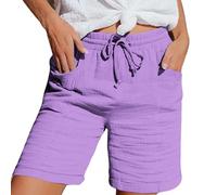 Nuoke Stoffhose Damen Sommer Musselin Kurze Hose Damen 2025 Sommerhose Leicht Sommer Leinen Shorts Beach Hosen Mit Taschen Stoffhose Kleid Stretch Gerades Bein Kordelzug Leinenhose Bluse Capri Lila M