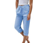 Nuoke Strandkleid Damen, Sommerhose Damen Leicht Sommer Leinen Shorts 2025 Musselin Kurze Hose Beach Hosen Mit Taschen Stoffhose Kleid Stretch Gerades Bein Kordelzug Leinenhose Bluse, blau L