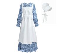 Nuoqi Pioneer Kleid Frauen Prärie Kleid mit Haube Erwachsene Lange Kolonial-Kostüm, Blau, X-Groß