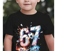 Nur 1 Stück T-Shirt Sommer Tween Jungen Kurzarm T-Shirt mit Flammen- und Risseffekten und der Nummer 67, Cartoon Fußball Elemente