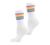 Nur Die 2er Good Vibes Socken Unisex Tennissocken 35-36 Retro mit Streifen Stamement aus Baumwolle atmungsaktiv weich hausympathisch weiß bunt Damen Herren