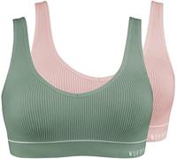 Nur Die 2er Pack Retro Bustier sportlich ohne Bügel bügelloser BH Bra Unterwäsche Damen, Rose/Khaki, XL