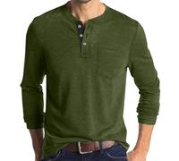 Nur für Kurze Zeit Herren T-Shirts Herren Baumwolle Langarm Top Klassische Casual Shirt Tops für Männer Kragenlose Großvater T-Shirt Golf Shirts Slim Fit Baumwolle T-Shirt mit Tasche Büro Armee Grün