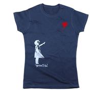 Nutees Banksy Girl with Heart Shaped Balloon Frauen T-Shirt (Marineblau), Small