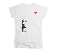 Nutees Banksy Girl with Heart Shaped Balloon Frauen T-Shirt (Weiß), Small