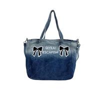 NVOQILIN Schultertasche mit Stickerei, Schleife, Denim, geräumig, für Studenten, modische Kontrastfarbe, große Umhängetasche, Denims, Reisehandtasche, blau