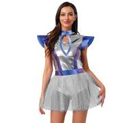 Nyeemya Alien Kleid Damen Metallic Glitzer Space Girl Kleid Fliegenärmel Ballettkleid Tutu Tanzkleid Mit Sterne Tüllrock Raumfahrt Weltall Anzug Silber A S