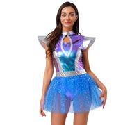 Nyeemya Alien Kleid Damen Metallic Glitzer Space Girl Kleid Fliegenärmel Ballettkleid Tutu Tanzkleid Mit Sterne Tüllrock Raumfahrt Weltall Anzug Blau A S