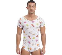 Nyeemya Bodysuit Herren One Piece Schlafanzug Shirt Männer Jumpsuit Einteiliger Unterwäsche Kurzarm Druckknöpfe im Schritt Strampler Typ F XXL