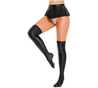 Nyeemya Damen Rock Sexy Glänzend Metallic Minirock Glocken Rock Plisseerock Super Kurz Tanzrock mit Lange Strümpfe Performance Clubwear Party Gogo Outifts Schwarz M