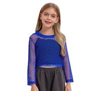 Nyeemya Kinder Mädchen Tshirt Cut Out Netz Oberteil Kurz Bauchfrei Crop Top Langarm Unterhemd Für 5-16 Jahre Blau 146-152