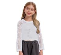 Nyeemya Kinder Mädchen Tshirt Cut Out Netz Oberteil Kurz Bauchfrei Crop Top Langarm Unterhemd Für 5-16 Jahre Weiß 146-152