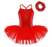 Nyeemya Mädchen Ballettkleidung Ballettkleid Pailletten Tanzkleid Tutu Ballett Kinder Balletttrikot Ballerina Kleid mit Haargummi Rot 146-152