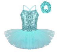 Nyeemya Mädchen Ballettkleidung Ballettkleid Pailletten Tanzkleid Tutu Ballett Kinder Balletttrikot Ballerina Kleid mit Haargummi Türkis 134-140
