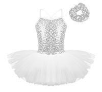 Nyeemya Mädchen Ballettkleidung Ballettkleid Pailletten Tanzkleid Tutu Ballett Kinder Balletttrikot Ballerina Kleid mit Haargummi Weiß 104-110