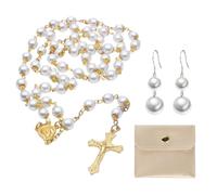 NYGGTYK 1 Querperlenkette, 1 Paar Perlenohrringe, 1 -Teilige Schmuckstagerbeutel, Katholisches Rosenkranzschmuckset, Vintage Cross Rosenkranz Dekoration.