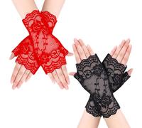 NYGGTYK 2 Paar Spitzen-Halbfingerhandschuhe, Fingerlose Handschuhe, Kurze Spitzenhandschuhe, Kreative Sonnenschutzhandschuhe, Hochzeitskleid-Zierhandschuhe (Rot, Schwarz)