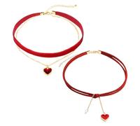 NYGGTYK 2-Teilige Halskette, Herz-Halskette Für Frauen, Mehrlagiger Verstellbarer Halsband, Rote Gothic-Vintage-Halskette, Halsband-Halskette, Samt-Halsband, Damenschmuck (Rot)