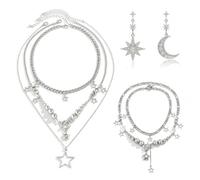 NYGGTYK 3-Teilige Sternhalskette, 2-Teiliges Sternenarmband Und 1 Paar Sternmondohrringe, Modische Einfache Schmuck, Juwelier Für Punk-Stil, Frauenschmuck