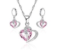 NyxSeat 3-teiliges Schmuckset, 1 Paar Ohrringe und 1 Halskette, Damenhalskette, modische herzförmige Halskette, herzförmiger rosa Kristallschmuck, geeignet für den Alltag, Partys und Dates