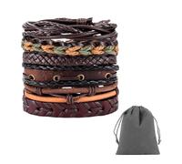 NyxSeat 6 Stück Lederarmbänder mit 1 Stück grauem Samtbeutel, verstellbare Lederarmbänder, stilvolle Punk-Accessoires, geflochtene Unisex-Armbänder, Vintage-Armband-Set