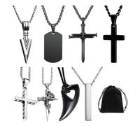NyxSeat 8 Stück Herren-halsketten, 1 Stück Samtbeutel, Halsketten-set, Kreuz-halskette, Herren-anhänger-halskette, Wolfszahn-halskette, Edelstahl-kettenhalskette