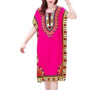 OADOBKICE Frauen Sommerkleid Sexy Strandkleid Maxirock Mittlere Länge Ethnischer Stil Nachthemd Thai Strandkleid Ärmelloses Kleid Lose Sitzende Übergroße Mama Kleid Plus Size Äußere13RoseRot M