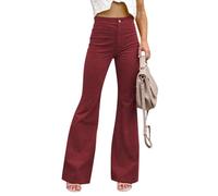 Oanviso Cordhose Damen Weites Bein Hohe Taille Gerade Freizeithose Teenager Straight Corduroy Trousers Lockere Vintage Einfarbig Slim Fit Hosen mit Taschen C Weinrot L