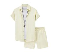 Oanviso Herren 2 Teiliges Sommer Freizeitanzug Sets Kurzarm Hemden + Shorts Set Jogginganzüge Mode Casual Strand Outfits mit Knöpfen Männer Trainingsanzug Zweiteiler B Beige M