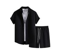 Oanviso Herren 2 Teiliges Sommer Freizeitanzug Sets Kurzarm Hemden + Shorts Set Jogginganzüge Mode Casual Strand Outfits mit Knöpfen Männer Trainingsanzug Zweiteiler A Schwarz M