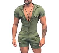 Oanviso Herren Casual Kurzarm Strampler Einfarbig Persönlichkeit Overalls Reißverschluss oder Knopfverschluss One-Piece Sport Onesie Bequemer Schlafanzug Multi-Kragenformen Jumpsuit A Grün L