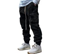 Oanviso Herren Cord Hose Cargo Jogginghose Vintage Freizeithose Elastische Taillemit Taschen A Schwarz XXL
