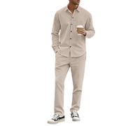 Oanviso Herren Freizeitanzug 2 Teiliges Outfit Cordhemd Button Down Hemdjacke + Freizeithose Set Businesshemd Männer Langarm Freizeithemd und Lange Hose Herbst A Khaki 3XL