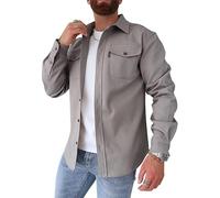 Oanviso Herren Hemdjacke Einfarbig Hemden Button Down Langarm Freizeitjacke Slim Fit Hemd mit Taschen Dickes Hemd Jacke Herbst Modisches Herrenhemd Casual A Grau XL