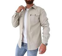 Oanviso Herren Hemdjacke Einfarbig Hemden Button Down Langarm Freizeitjacke Slim Fit Hemd mit Taschen Dickes Hemd Jacke Herbst Modisches Herrenhemd Casual A Beige S