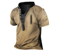 Oanviso Herren Kurzarm/Langarm T-Shirts V-Ausschnitt mit Knöpfe Shirts Bedrucktes Tee Shirts Vintage Casual Oberteile Henley T-Shirt Leicht Komfortabel Sweatshirt Sommer Outdoorshirts A Khaki S