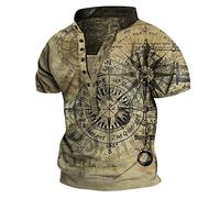 Oanviso Herren Kurzarm/Langarm T-Shirts V-Ausschnitt mit Knöpfe Shirts Bedrucktes Tee Shirts Vintage Casual Oberteile Henley T-Shirt Leicht Komfortabel Sweatshirt Sommer Outdoorshirts D Khaki S