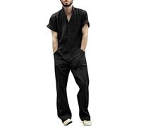 Oanviso Herren Overalls Einteiliges One-piece Sommer Jumpsuit Einfarbig Set Kurzarm mit Reißverschluss Hose Lang mit Taschen Mode Casual Overall Hemd mit Revers C Schwarz L