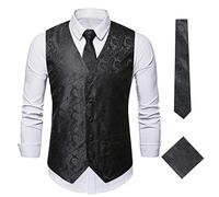 Oanviso Herren Paisleymuster Jacquard Weste Krawatte/Fliege Einstecktuch Weste 3PC Set V-Ausschnitt Anzug Weste Formelle Businesss Weste Party Hochzeits Kleidweste Ärmellos Vest A Schwarz M