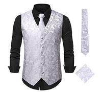 Oanviso Herren Paisleymuster Jacquard Weste Krawatte/Fliege Einstecktuch Weste 3PC Set V-Ausschnitt Anzug Weste Formelle Businesss Weste Party Hochzeits Kleidweste Ärmellos Vest A Weiß Silber XL
