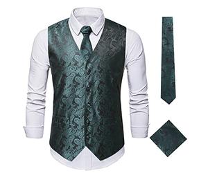 Oanviso Herren Paisleymuster Jacquard Weste Krawatte/Fliege Einstecktuch Weste 3PC Set V-Ausschnitt Anzug Weste Formelle Businesss Weste Party Hochzeits Kleidweste Ärmellos Vest A Grün XL