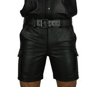 Oanviso Herren PU Leder Shorts Klassisches Schwarz Mittlere Taille Kurze Hose Mehreren Taschen Shorts Männlich Punk-Stil Shorts Freizeit Gerade Hosen Tanz Kurze Hosen Bühne Kleidung A Schwarz M
