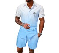 Oanviso Herren Set Casual Floral Hawaiihemd Strandshorts Blumenhemd T-Shirts + Kurze Hose Beach Polo Hemd Strand Surf Shorts Freizeitanzug Trainingsanzug Sommer B Hellblau M